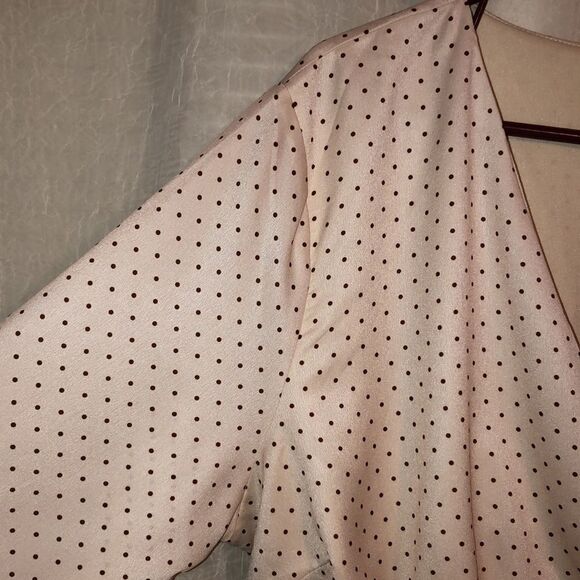 Nasty Gal 14 Well Spotted Peplum Bell Sleeve Faux Wrap Cream Brown Polka Top - Picture 8 of 16